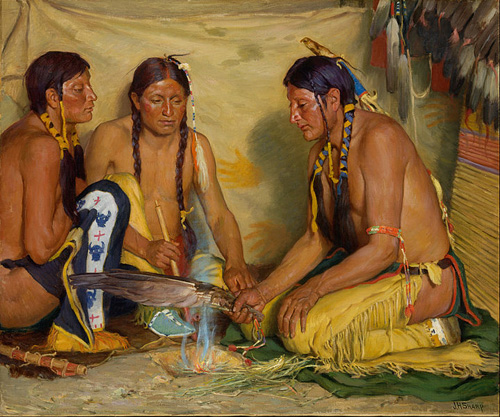 Blackfoot Indians making sweet grass medicine