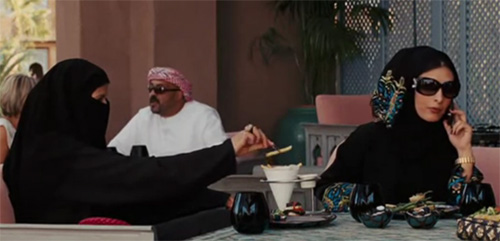 Two Arab women are having breakfast. Scene from the movie Sex and the City 2