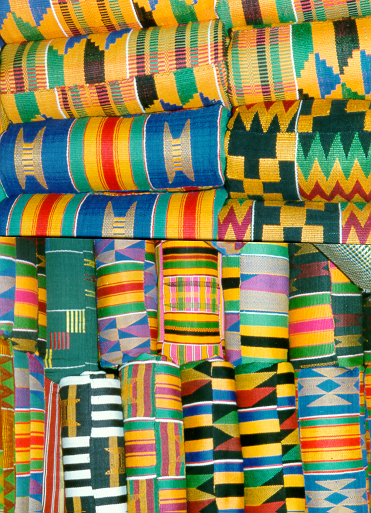 Rolls of kente cloth with different patterns