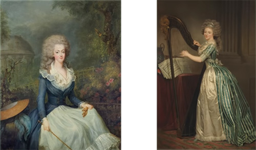 A Portrait of Marie Antoinette by Jean-Baptiste Andre Gautier-Dagoty, 1780. Self-Portrait with a Harp by Rose Adelaide Ducreux, 1791