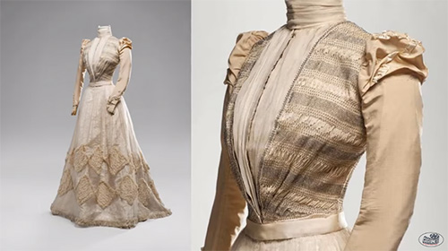 Italian gown from 1890 created from Texas silk, bobbin lace, silk needlepoint, and beads