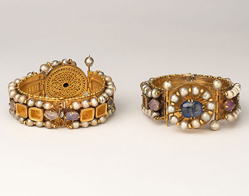 Pair of original Byzantine gold bracelets decorated with pearls and gems dated 500-700 A.D.
