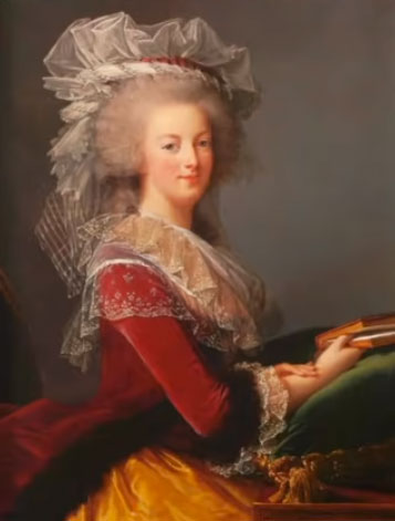 Portrait of Marie Antoinette Queen of France in crimson dress holding a book 1785 by Elisabeth Louise Vigee Le Brun