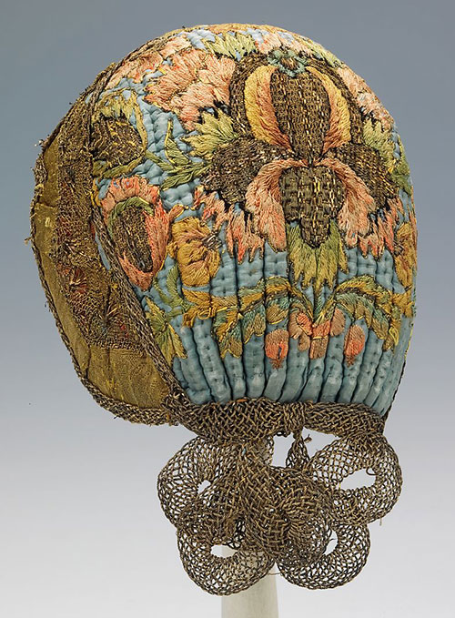 Lovely cap decorated with floral needlework and thin metal cord, Germany, the early 19th century