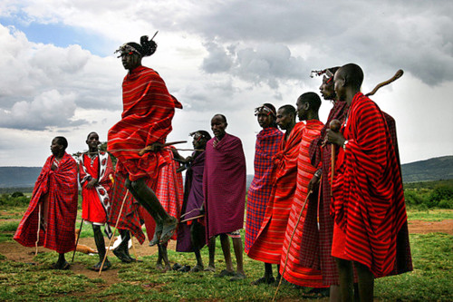 Masai people from Kenya in folk clothing