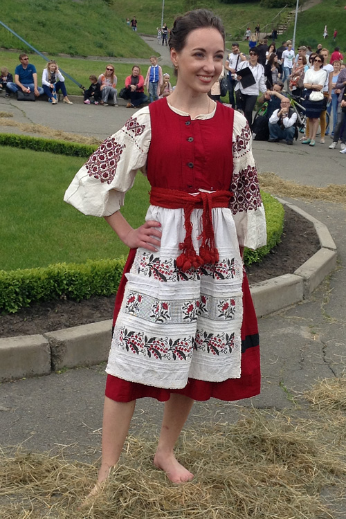 Bright female clothing of unmarried woman from Sosniv district Chernihiv region of Ukraine