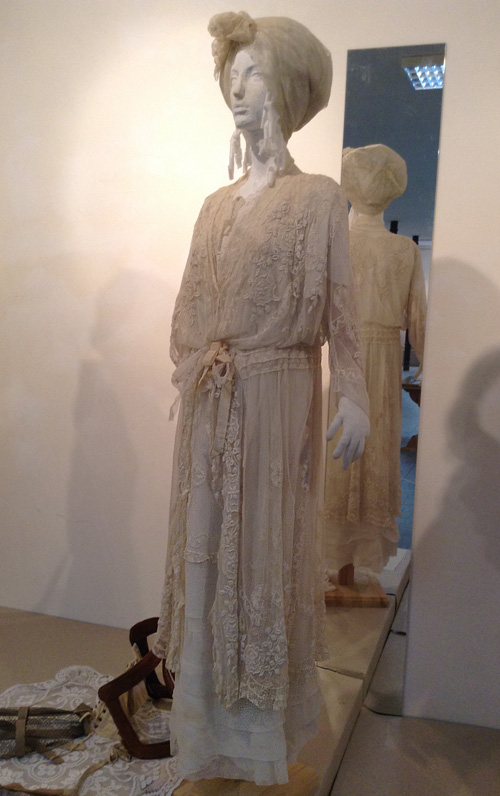 Morning gown peignoir worn by women of upper class at home Ukraine 1904-1907 Dressing gown undergarments and headdress