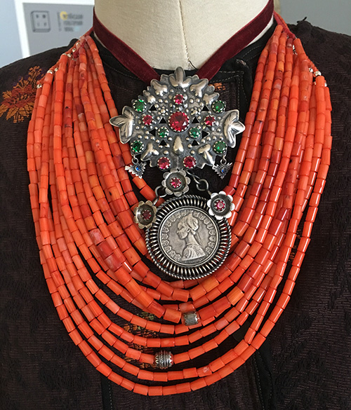 Vintage Ukrainian coral necklace and elaborate silver dukach