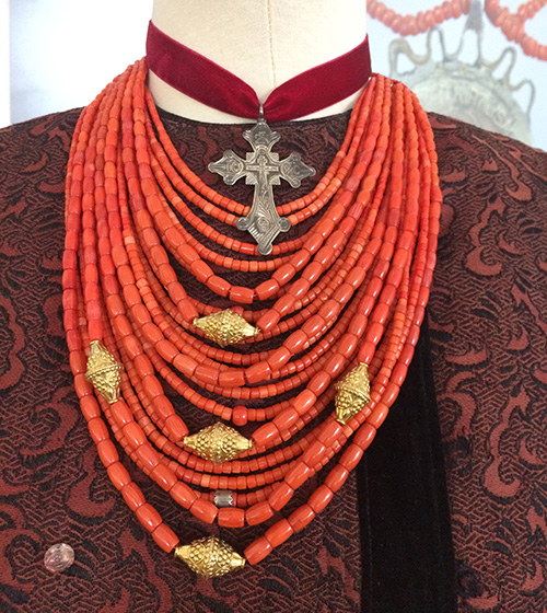 Opulent Ukrainian coral necklace with gold beads and large silver cross
