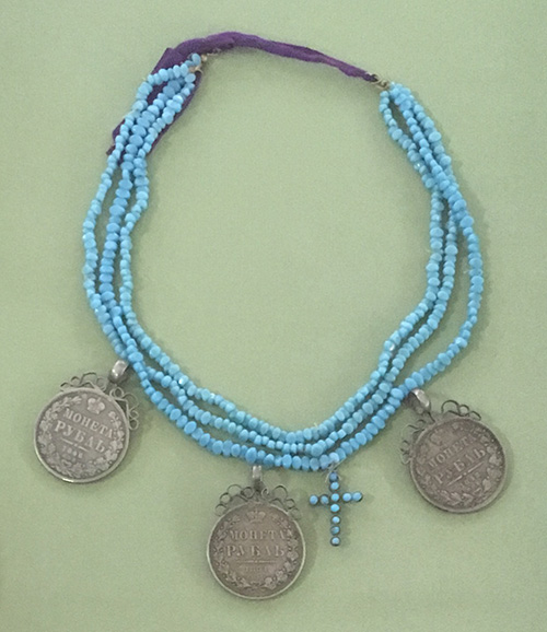 Turquoise necklace with cross and 3 dukach pendants the 18th-19th century