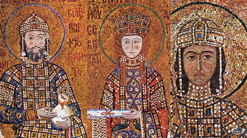 12th-century mosaic portraits of emperor Jean II, Empress Eirene, and their son Alexios from panels of the Hagia Sophia in Turkey