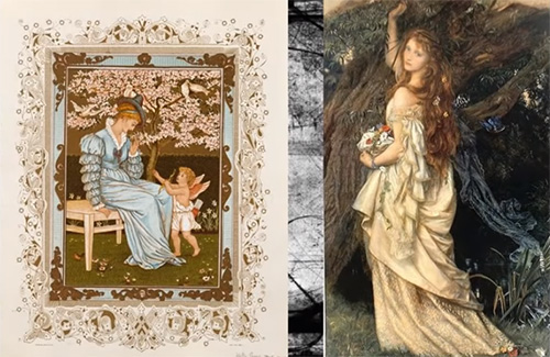Walter Crane valentine card from 1884 and Pre-Raphaelite art painting by Arthur Hughes called Ophelia from 1865