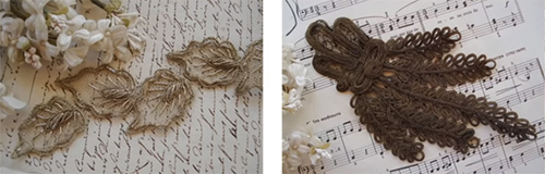 French applique in antique gold metallic cord leaf motif and French gold metallic cord and lace applique