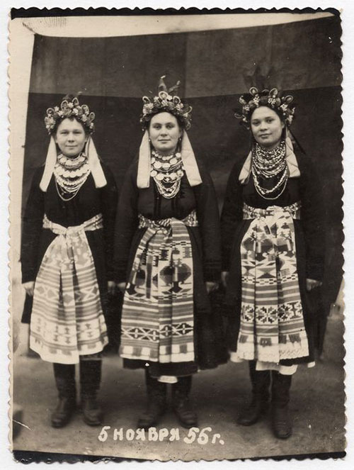 Young bride and her bridesmaids in traditional costumes from Poltava region central Ukraine 1955
