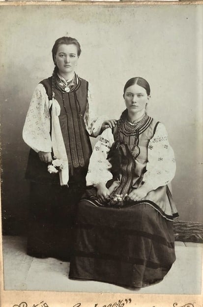 Unmarried girls in traditional outfits from Poltava region central Ukraine early 20th century
