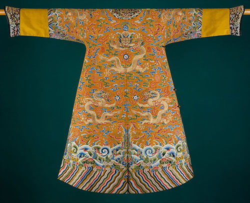 Men’s yellow festive dragon robe jifu pao, China, 2nd half of 18th century