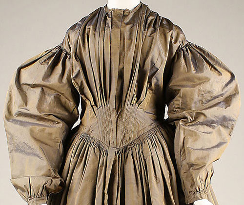 American silk gown with fan-pleated bodice and leg-of-mutton sleeves, early 1840s