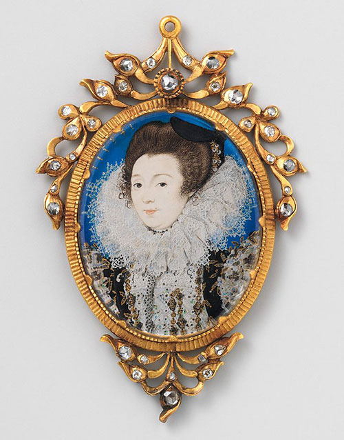 Elaborate bejeweled portrait miniature of a woman, 1597
