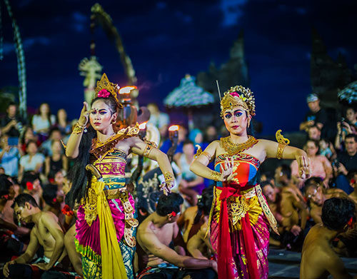 Balinese folk dancers in opulent outfits