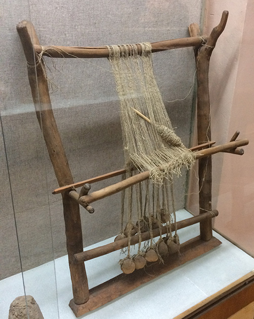 ancient vertical weaving loom used by people of the Cucuteni-Trypillia culture (appr. 4800-3000 B.C.)