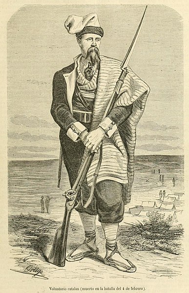 Lithography by Francisco Ortego of a Catalan Volunteer wearing traditional espadrilles during the War of Africa, 1859