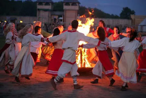 Young people in modern replicas of Kyivan Rus' national costumes