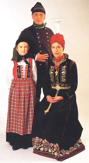 National costume of Iceland. Shoes of fish-skin, high curved headpieces, ruffs and floral ornaments