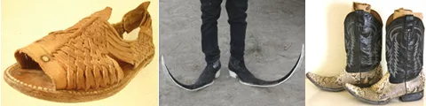 Huaraches, Mexican pointy boots, and Mexican cowboy boots