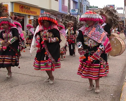 Peruvian national costume. Woven clothing from Alpaca wool, unique patterns and bright colors