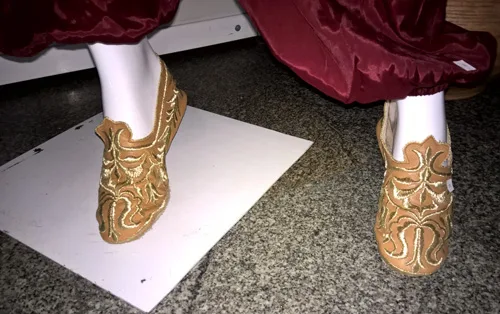 Crimean Tatar female shoes handmade from leather and gold embroidered