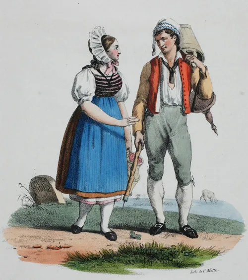 Man and woman in national costumes from Canton of Solothurn