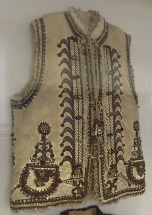 Vintage festive sleeveless fur coat keptar from Transcarpathian region of Ukraine Rakhiv district early 20th century