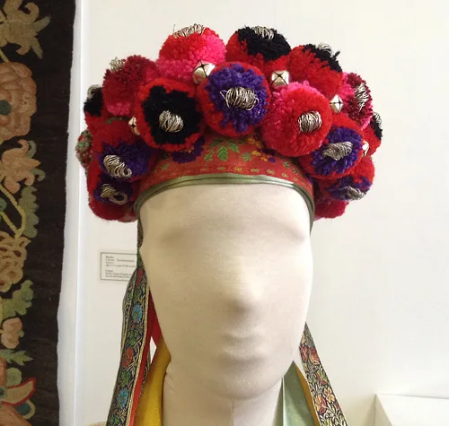 Festive colorful wreath with ribbons headdress of unmarried girls and brides
