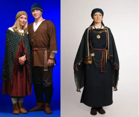 Folk dress of Latvia. Noble-looking gentlemen and women in gorgeous shawls with embroidered edges