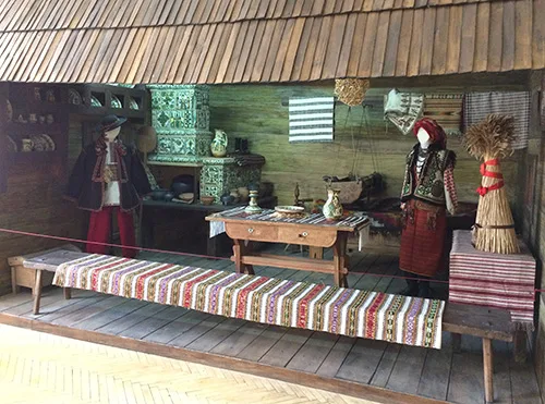 Traditional village house interior from Hutsul region of Ukraine early 20th century