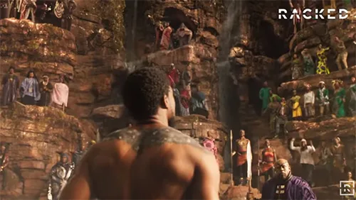 Folk African costumes in Black Panther movie display Afrofuturism