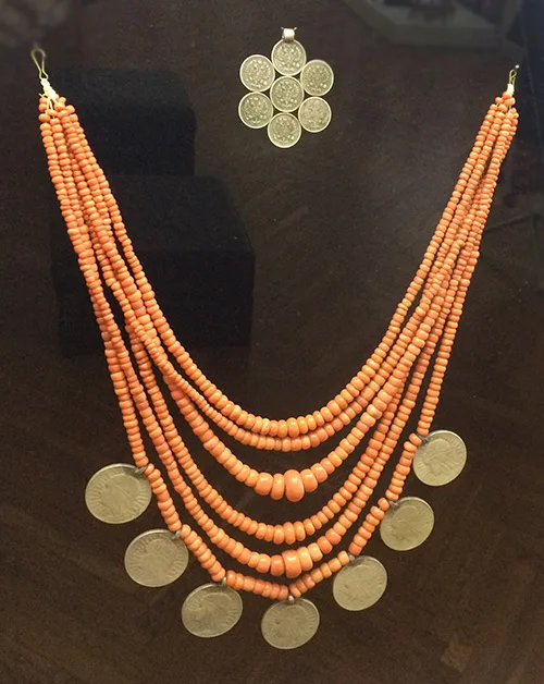 Coral necklace with silver dukach coins and Interesting pendant made from 7 silver coins Ukraine early 20th century