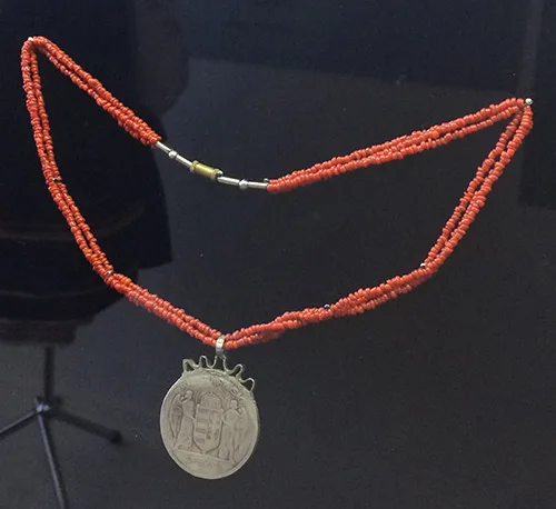 Coral necklace with silver dukach tiny coral beads and dukach coin late 19th – early 20th century