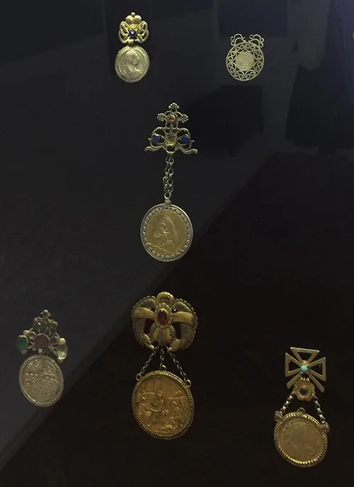 Ukrainian traditional dukach jewelry made from coins and adorned with gems