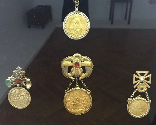 Ukrainian traditional dukach jewelry made from coins and adorned with gems
