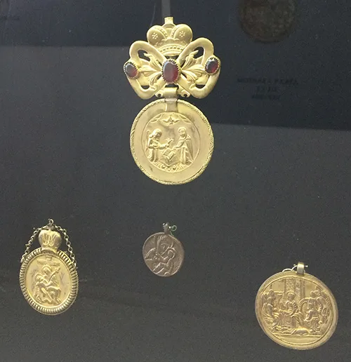 Ukrainian traditional dukach jewelry made from coins and adorned with gems