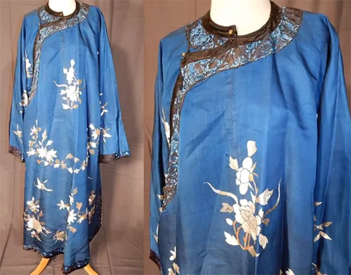 late 19th-century Qing Dynasty Chinese blue silk qipao robe