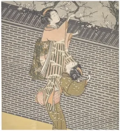woman dressed in furisode depicted in Japanese woodblock print Plucking a branch from a neighbor's plum tree from 1768
