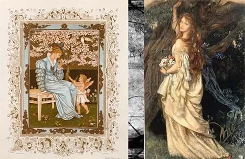 Walter Crane valentine card from 1884 and Pre-Raphaelite art painting by Arthur Hughes called Ophelia from 1865