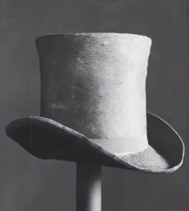 white beaver man's top hat with grosgrain ribbon trim