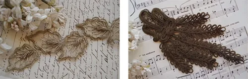 French applique in antique gold metallic cord leaf motif and French gold metallic cord and lace applique