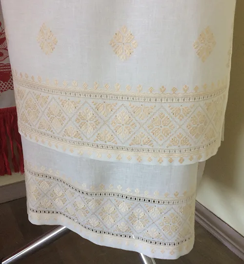 Very delicate modern women’s outfit embellished with peach-color embroidery