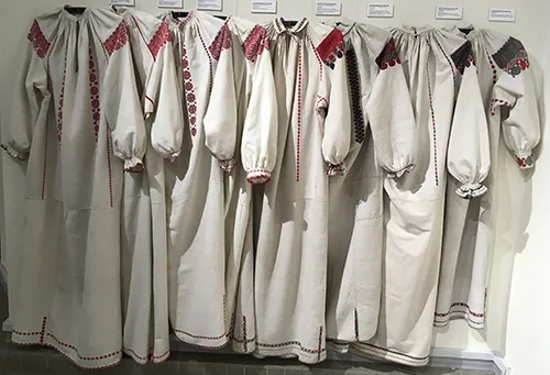 Vintage women’s shirts with red, white, and black embroidery from Central Ukraine