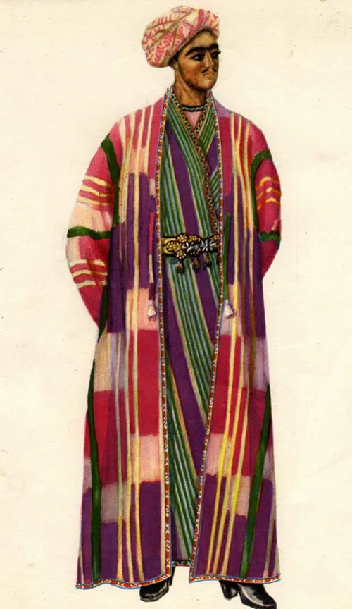 Amazing Tajik national costumes: pink male robes, shoes on top of shoes, and burqa for women