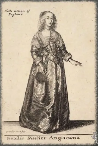 Gowns of ladies in the 1640s in Europe. Lace, silks, shorter sleeves, and pantaloons